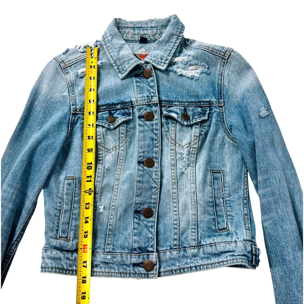 American Eagle Distressed Denim Jacket Aztec Embroidered Back Small Petite - Picture 4 of 10